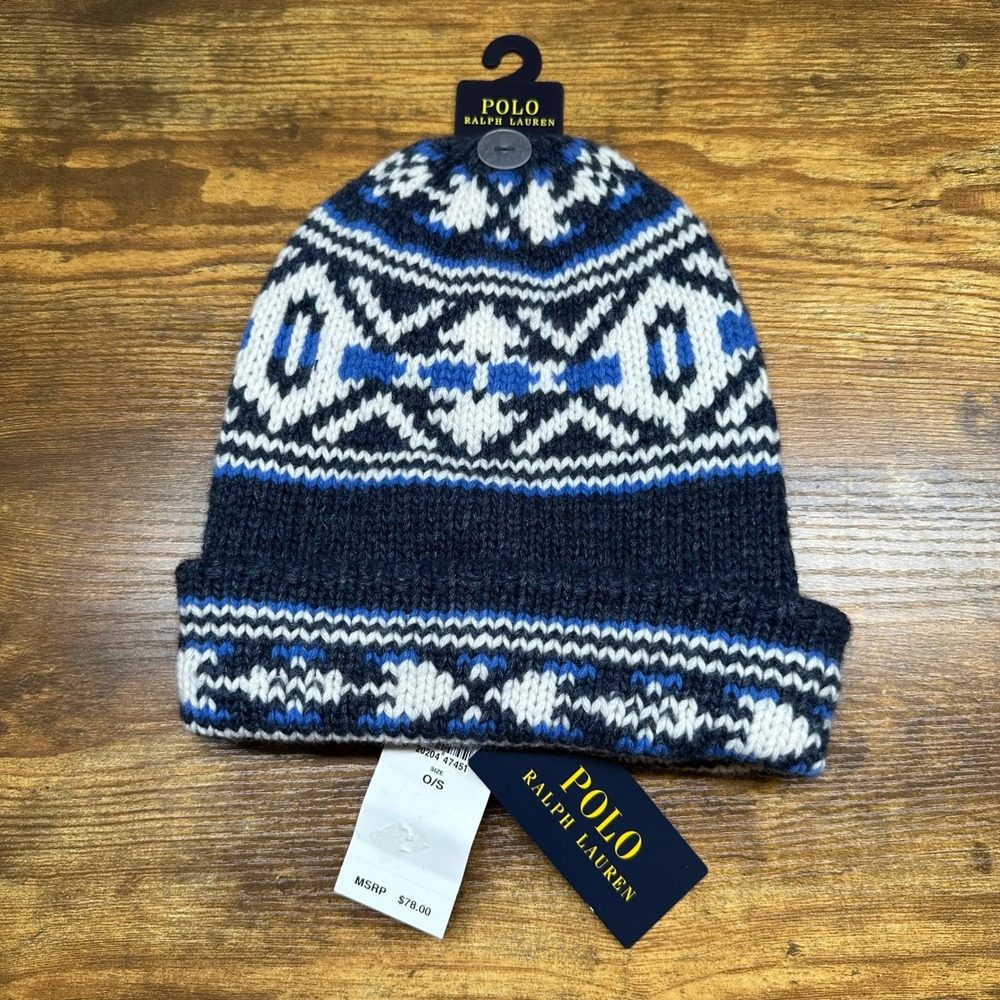 NEW Polo Ralph Lauren Fair Isle Wool Blend Beanie Navy Blue White Knit Hat NWT